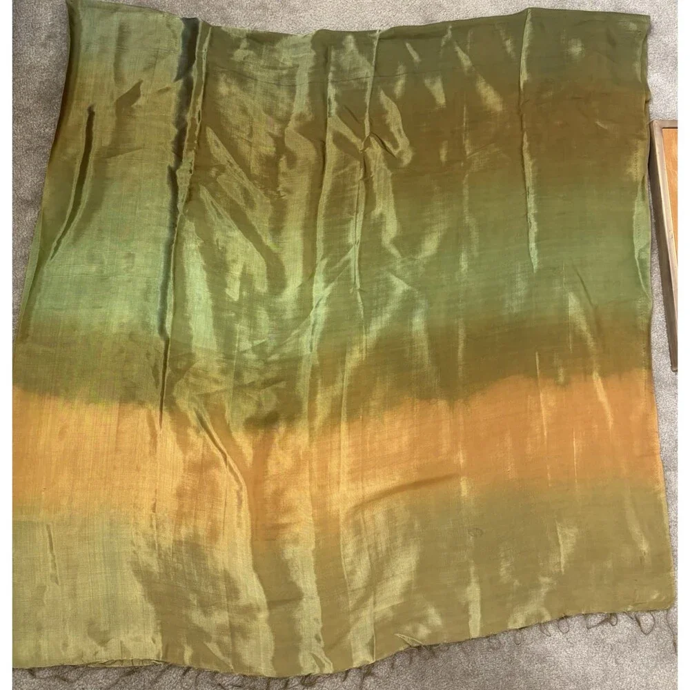 Vibrant Ombre Silk Scarf Olive Green Gold Gradient Fringe Lightweight Wrap Shawl